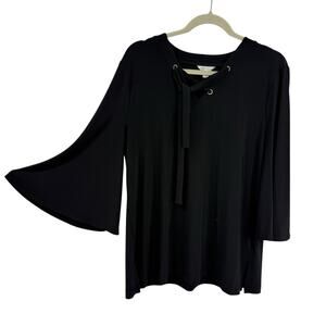 Cato Large Black Slinky Knit Tunic Grommet V Neck 3/4 Falre Sleeves Boxy Artsy